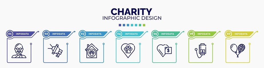 infographic for charity concept. vector infographic template with icons and 7 option or steps. included , loudspeaker, animal shelter, animal rights, donate, blood donation, ballons editable
