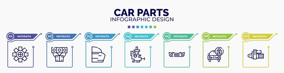 infographic for car parts concept. vector infographic template with icons and 7 option or steps. included car sprocket, car manifold, trim, choke, bumper, lock, starter editable vector. - obrazy, fototapety, plakaty