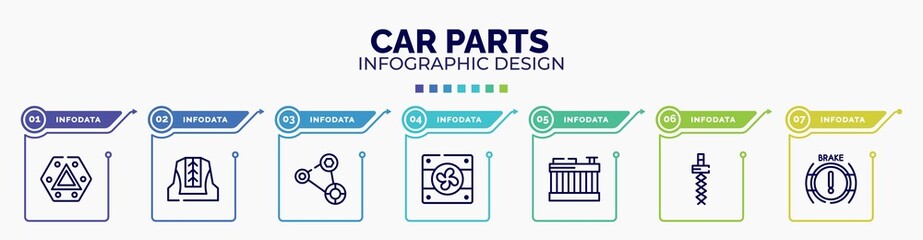 infographic for car parts concept. vector infographic template with icons and 7 option or steps. included car hazard lights, car cowl, fan belt, fan, radiator, coil, brake light editable vector.