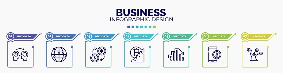 infographic for business concept. vector infographic template with icons and 7 option or steps. included mentor, network, money exchange, bitcoin mine, peak, stock price, money tree editable vector.