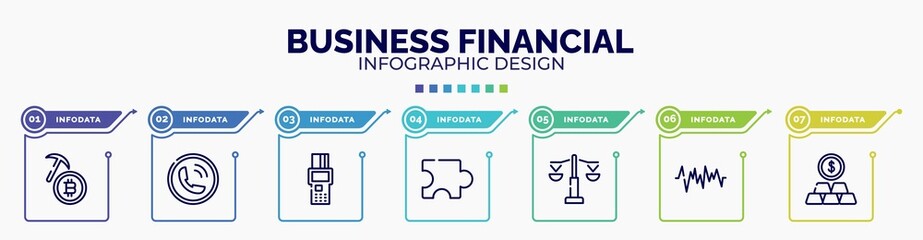 infographic for business financial concept. vector infographic template with icons and 7 option or steps. included bitcoin mining, calling, point of service, puzzle piece, equality, line graphics,