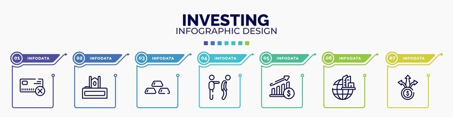 infographic for investing concept. vector infographic template with icons and 7 option or steps. included no credit card, judge chair, gold ingots, fired, raise, headquarters, diversify editable
