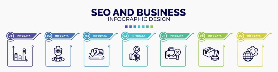 infographic for seo and business concept. vector infographic template with icons and 7 option or steps. included bars, detective, earning, hand up, not search, packages, official editable vector.