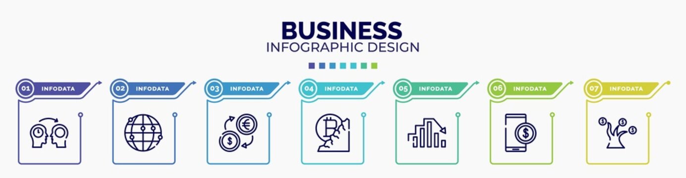 Infographic For Business Concept. Vector Infographic Template With Icons And 7 Option Or Steps. Included Mentor, Network, Money Exchange, Bitcoin Mine, Peak, Stock Price, Money Tree Editable Vector.