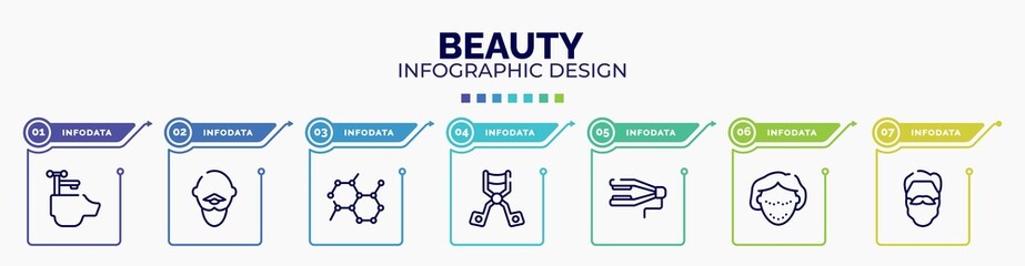 infographic for beauty concept. vector infographic template with icons and 7 option or steps. included hair washing sink, bold man with moustache, molecular, eyelash curler, straighten, botox,