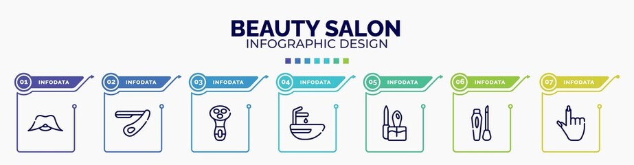 infographic for beauty salon concept. vector infographic template with icons and 7 option or steps. included big moustache, straight razor, electric shaver for women, hair washer sink, manicure,
