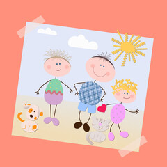 Postcard Summertime  Photo Family: Mom, Dad, daughter, dog, cat on the beach on a sunny day