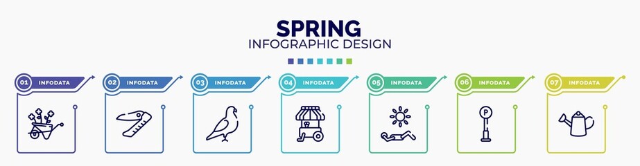 infographic for spring concept. vector infographic template with icons and 7 option or steps. included wheelbarrow, swiss army knife, pigeon, ice cream cart, sunba, , watering can editable vector.