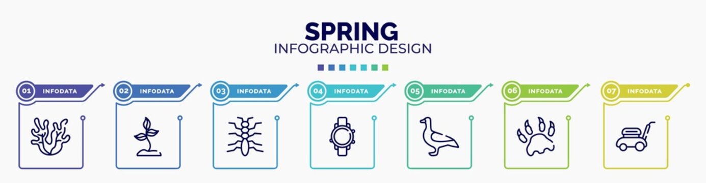 infographic for spring concept. vector infographic template with icons and 7 option or steps. included seaweed, soil, tree lobster, diving watch, goose, paw print, lawn mower editable vector.
