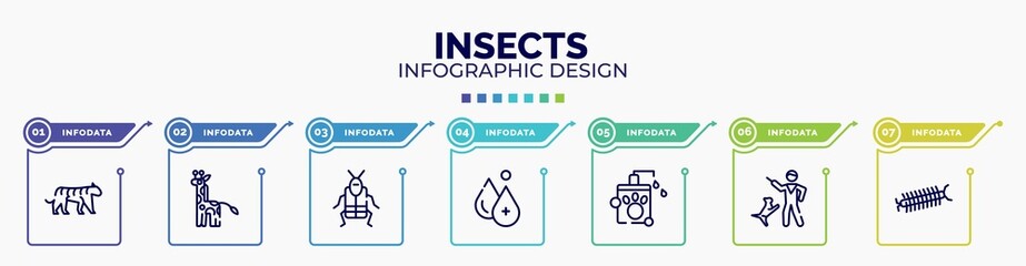 infographic for insects concept. vector infographic template with icons and 7 option or steps. included tiger, giraffe, crioceris, hydrotherapy, pet shampoo, dog training, centipede editable vector.