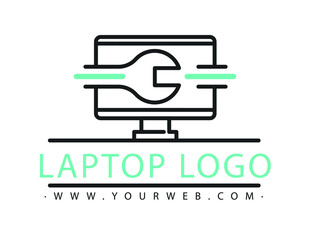 Computer logo design. Pc fix, repair icon. Computer maintenance service. Coding, software. Computer tech shop. Computer help logotype badge, brand logo, name symbol, sign, emblem. Vector illustration.