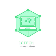 Computer logo design. Pc fix, repair icon. Computer maintenance service. Coding, software. Computer tech shop. Computer help logotype badge, brand logo, name symbol, sign, emblem. Vector illustration.