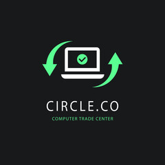 Computer logo design. Pc fix, repair icon. Computer maintenance service. Coding, software. Computer tech shop. Computer help logotype badge, brand logo, name symbol, sign, emblem. Vector illustration.