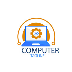 Obraz premium Computer logo design. Pc fix, repair icon. Computer maintenance service. Coding, software. Computer tech shop. Computer help logotype badge, brand logo, name symbol, sign, emblem. Vector illustration.