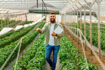 A portrait of a smiling man in his 30s standing in a greenhouse.