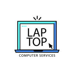 Computer logo design. Pc fix, repair icon. Computer maintenance service. Coding, software. Computer tech shop. Computer help logotype badge, brand logo, name symbol, sign, emblem. Vector illustration.