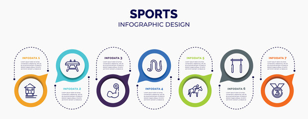 infographic for sports concept. vector infographic template with icons and 7 option or steps. included stilt house, vaulting horse, biceps curl, earthworm, horse riding, horizontal bar, third place