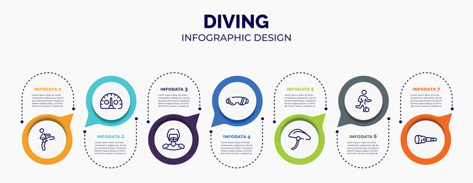 infographic for diving concept. vector infographic template with icons and 7 option or steps. included kicking, kmh, hockey player, sport sunglasses, bike helmet, football players, dive light for