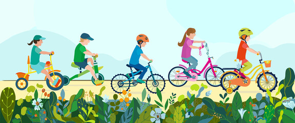 Set of flat happy kids on bicycles on a park road with flowers and leaves. Children riding colorful bikes outdoor sport in natural summer landscape by pathway track through green. Vector illustration.