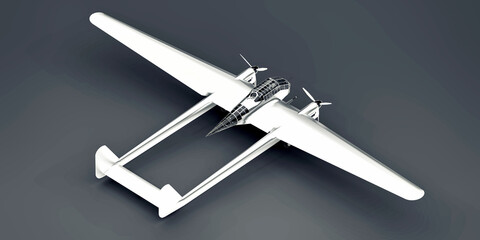 Three-dimensional model of the bomber aircraft of the second world war. Shiny aluminum body with two tails and wide wings. Turboprop engine. Shiny airplane on a gray background. 3d illustration.