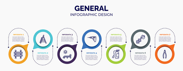 infographic for general concept. vector infographic template with icons and 7 option or steps. included traffic barriers, stepladder, deck chair under the sun, perforator, fire estinguisher, live