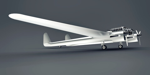 Three-dimensional model of the bomber aircraft of the second world war. Shiny aluminum body with two tails and wide wings. Turboprop engine. Shiny airplane on a gray background. 3d illustration.