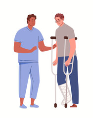 Bone injury or fracture. Doctor or paramedic accompanies, consults person with crutches and cast on broken leg. Rehabilitation and treatment after accident. Vector characters flat cartoon illustration
