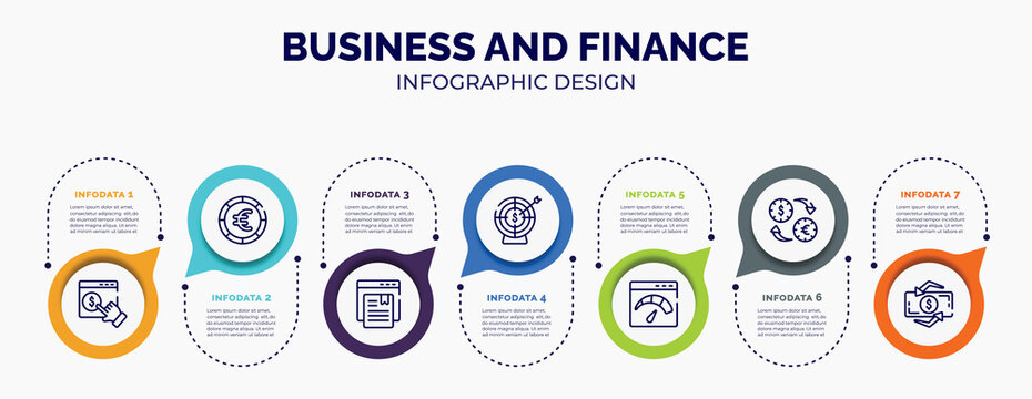 infographic for business and finance concept. vector infographic template with icons and 7 option or steps. included monetizing, round euro button, bookmark service, target with an arrow, velocity