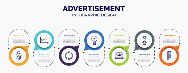 infographic for advertisement concept. vector infographic template with icons and 7 option or steps. included administrator, area chart, arrow circle, black lightbulb, laptop computer, home address,