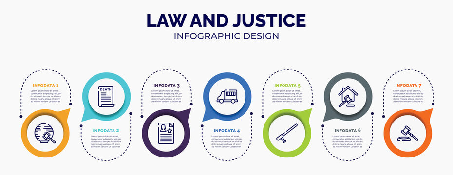 Infographic For Law And Justice Concept. Vector Infographic Template With Icons And 7 Option Or Steps. Included International Law, Death Certificate, Criminal Record, Prisoner Transport Vehicle,