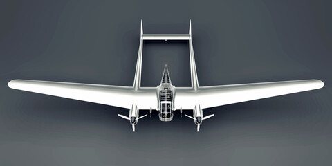 Three-dimensional model of the bomber aircraft of the second world war. Shiny aluminum body with two tails and wide wings. Turboprop engine. Shiny airplane on a gray background. 3d illustration.
