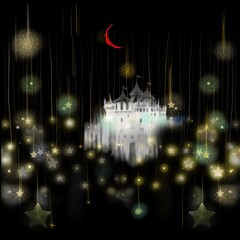 Silhouettes of beautiful European castles floating in the deep dark on a starry night	