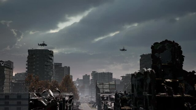 War in Ukraine. The ruined city, debris of buildings, smoldering parts of Mariupol city structures. Fighting tanks drive through the occupied city, helicopters fly in the sky. The horror of war these