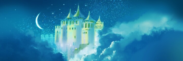 Silhouettes of beautiful European castles floating in the deep cloud on a starry night  © NORIMA