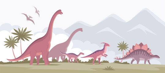 Big brachiosaurus with a long neck, parasaurolophus, stegosaurus. Herbivorous dinosaur of the Jurassic period. Vector cartoon illustration. Prehistoric pangolin.Science paleontology. Wild landscape