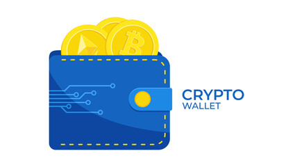 Crypto currency wallet, flat vector illustration. Digital wallet with Bitcoin and Ethereum coins.