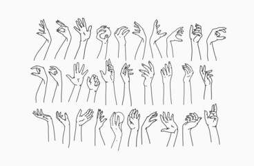 Womans hand collection line set bundle. Vector feminine Illustrations of female hands of different gestures. Lineart in a trendy minimalist style. Logo design, hand cream, nail Studio, posters,cards.