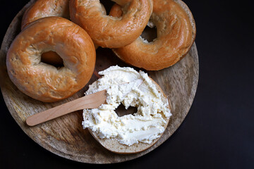 Fresh bagels. Bagel with cream cheese.