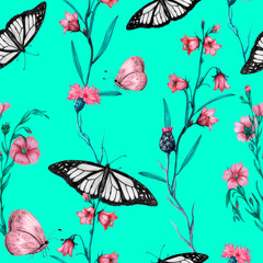 Repeat floral pattern with butterflies and wildflowers