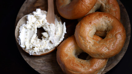 Fresh bagels. Bagel with cream cheese.