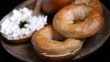 Fresh bagels. Bagel with cream cheese.