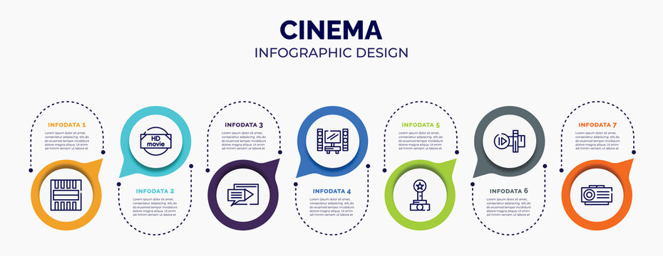 infographic for cinema concept. vector infographic template with icons and 7 option or steps. included freeze frame, hd movie, subtitle, home cinema, film award, slow motion, slide projector for