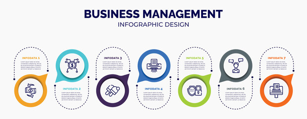 Fototapeta na wymiar infographic for business management concept. vector infographic template with icons and 7 option or steps. included convert, spreading, , paper shredder, encryption, consult, online payment for
