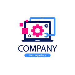 Computer logo design. Pc fix, repair icon. Computer maintenance service. Coding, software. Computer tech shop. Computer help logotype badge, brand logo, name symbol, sign, emblem. Vector illustration.