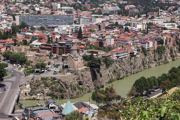 Fototapeta premium Panoramic top view of Tbilisi city and Kura river