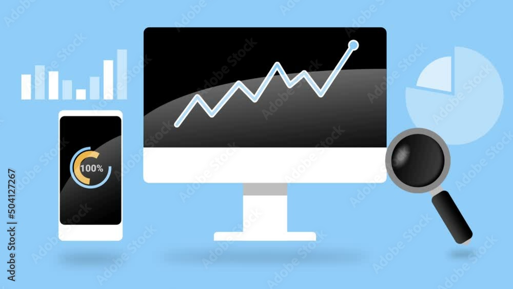 Poster pc and mobile phone displaying charts, flat design 4k animation. data analytics concept.