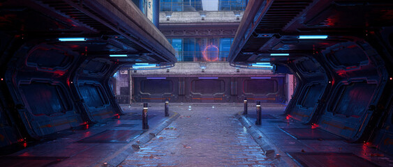 Cinematic 3D illustration of futuristic cyberpunk concept city street at night.