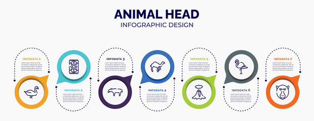 infographic for animal head concept. vector infographic template with icons and 7 option or steps. included swan, rug, tapir, dromedary, volcano, flamingo, baboon for abstract background.