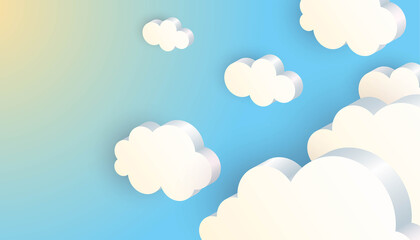 3D clouds background. White geometric shapes in blue sky, web internet symbol, meteorology climate, decorative backdrop, horizontal poster or banner with copy space, vector isolated illustration