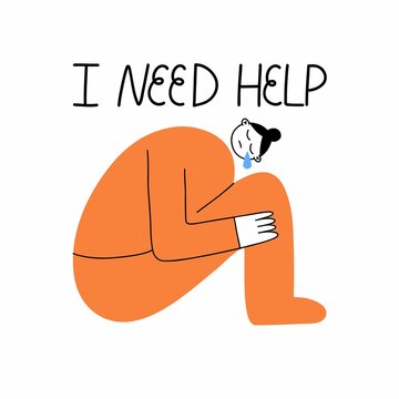 Crying woman. Unhappy people in depression, girl mood, sad negative emotion, psychology help concept, need halp text. Mental health. Vector cartoon flat style isolated illustration